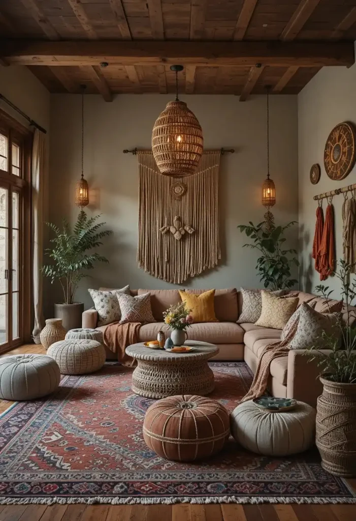 Boho-style sunken living room filled with layered rugs, woven textures, and earthy colors.
