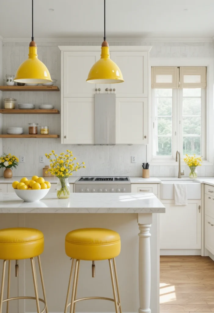White beadboard backsplash accented with yellow decor and accessories for a cheerful kitchen.