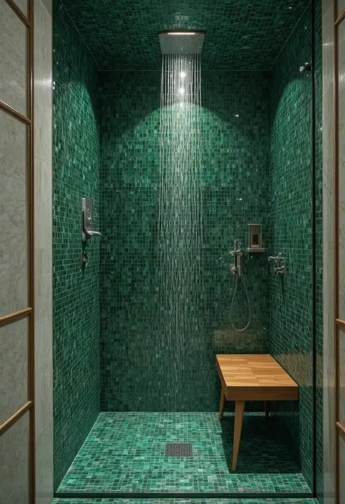 Green mosaic tile shower with luxurious spa-inspired design