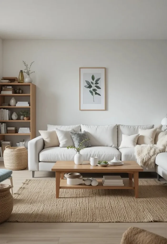 Light grey couch paired with warm wood accents in a Scandinavian living room.