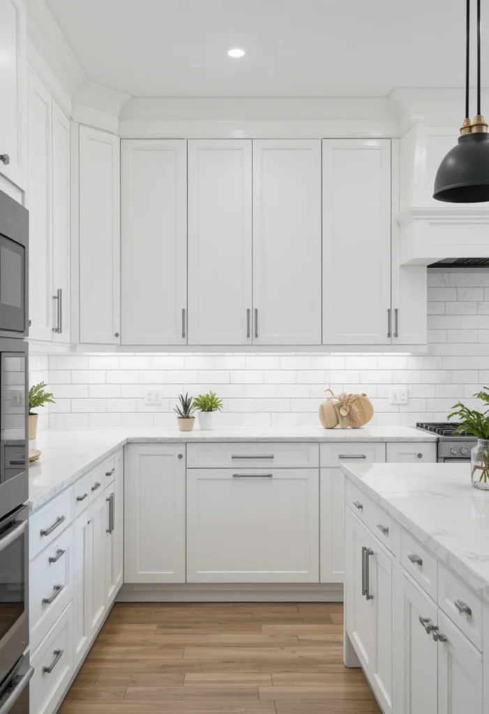White kitchen enhanced with bold black hardware and fixtures.