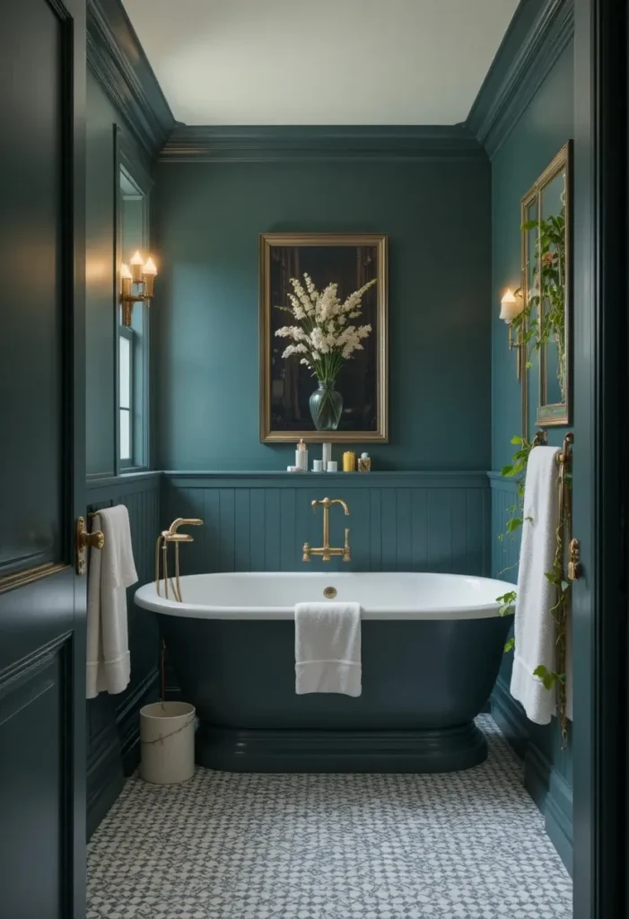 Dark bottle green bathroom with warm lighting and brass accents