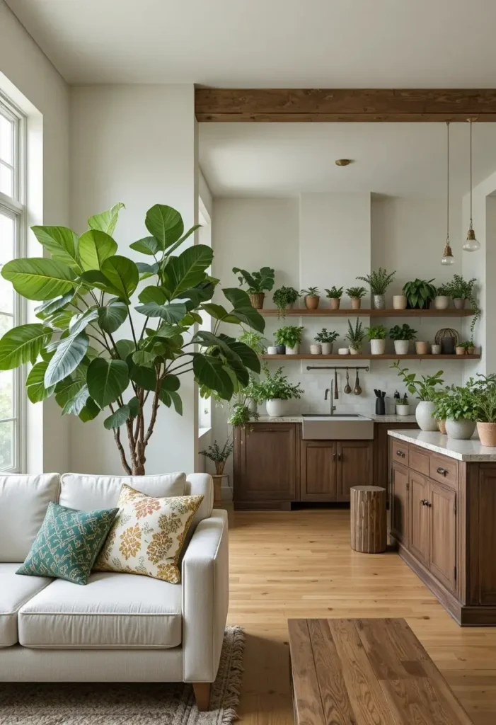 Indoor plants softening and connecting an open concept space.