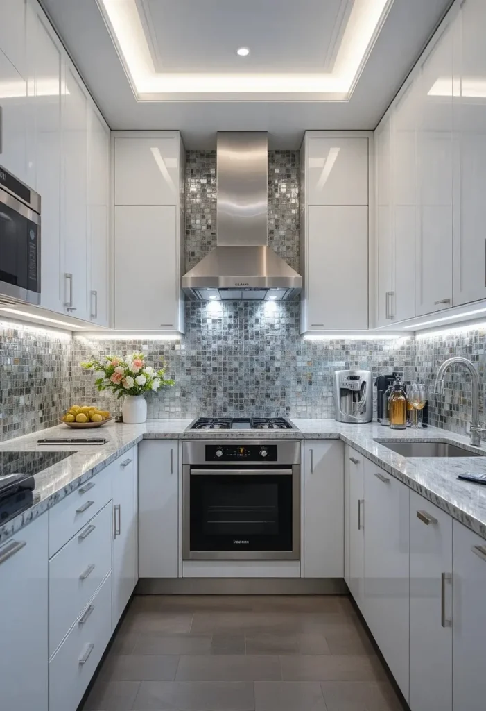 Reflective metallic glass tile backsplash brightening a modern kitchen.