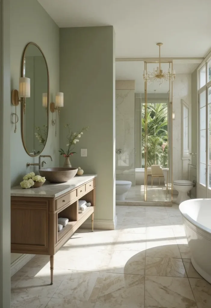 Green bathroom with stone finishes and natural luxury styling