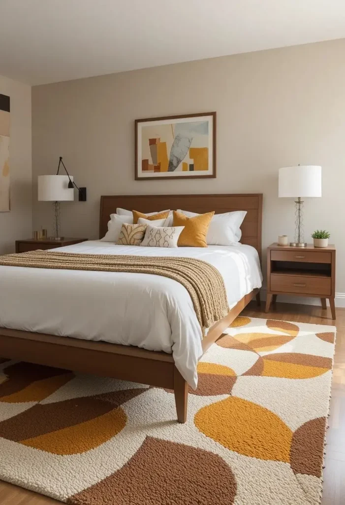 Geometric patterned rug adding authentic mid century modern character.
