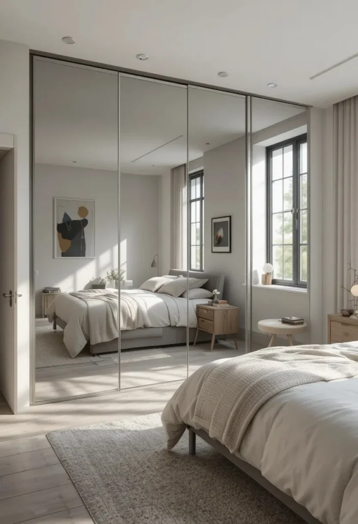 Mirrored wardrobe doors making a small bedroom appear larger.