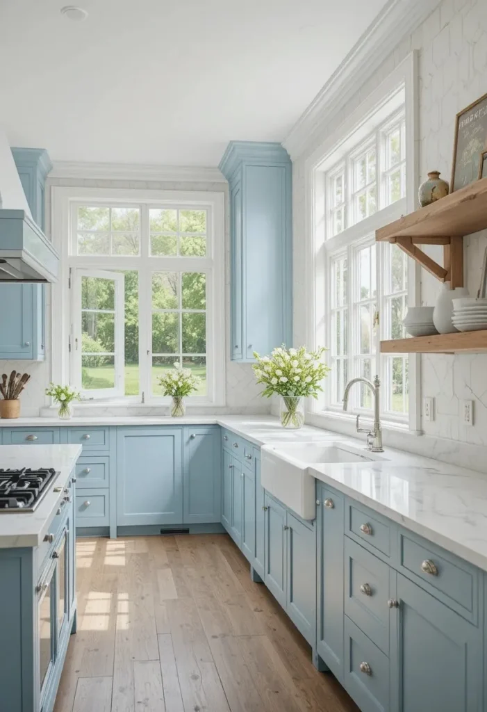 Powder blue kitchen cabinets creating a bright and airy kitchen.