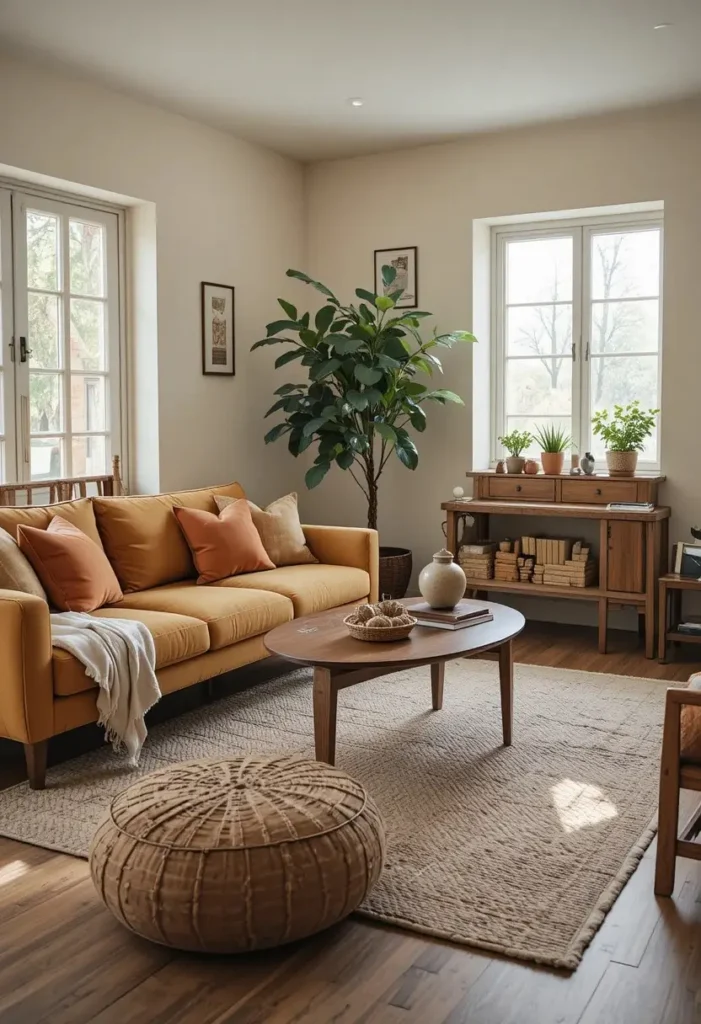 Ochre yellow couch styled with earthy neutral tones and natural textures.
