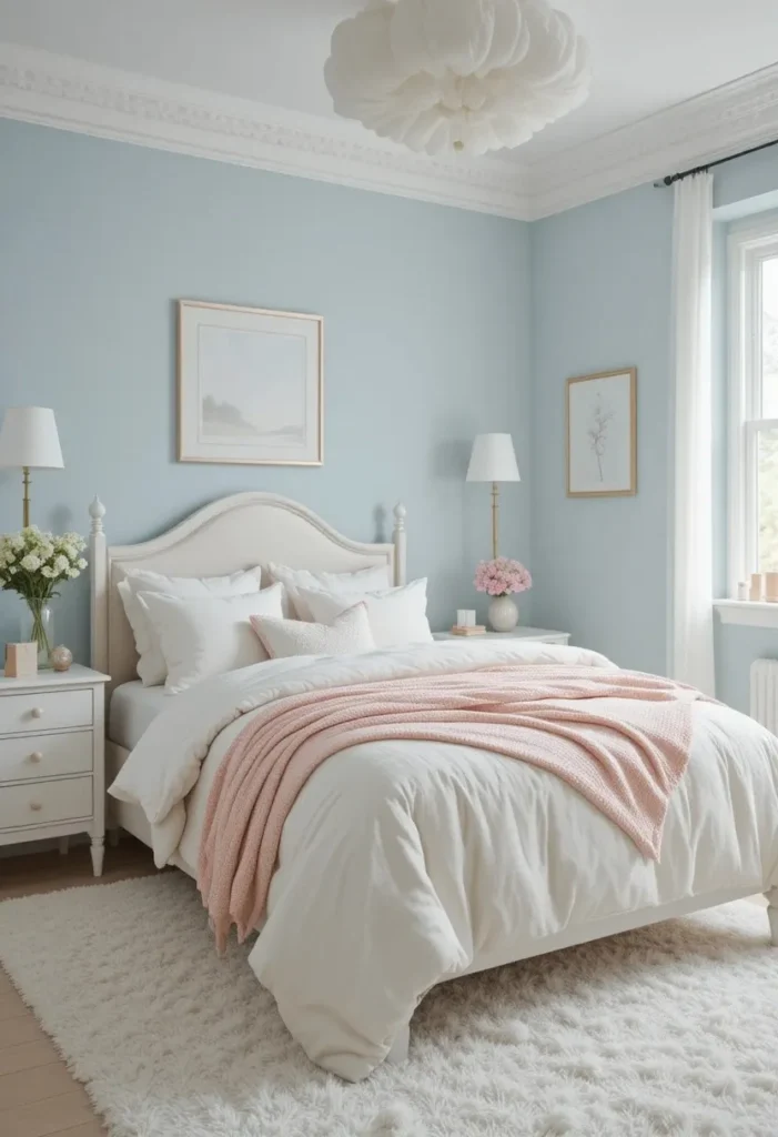 Soft baby blue bedroom with warm ivory and blush accents