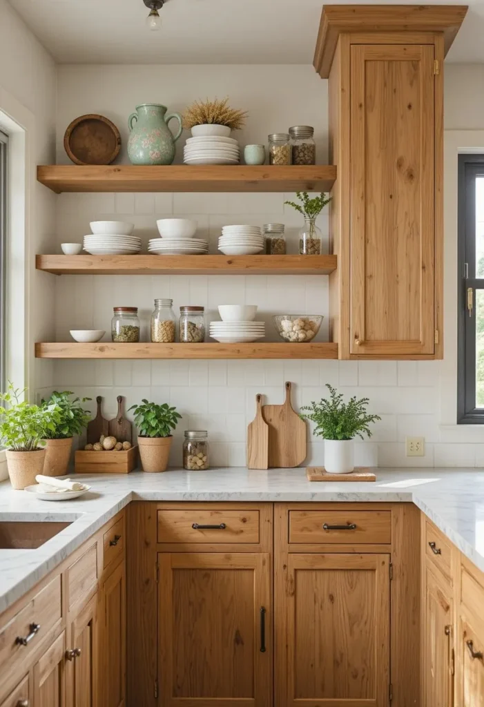 Hickory open shelving styled with dishes and decorative kitchen accessories.