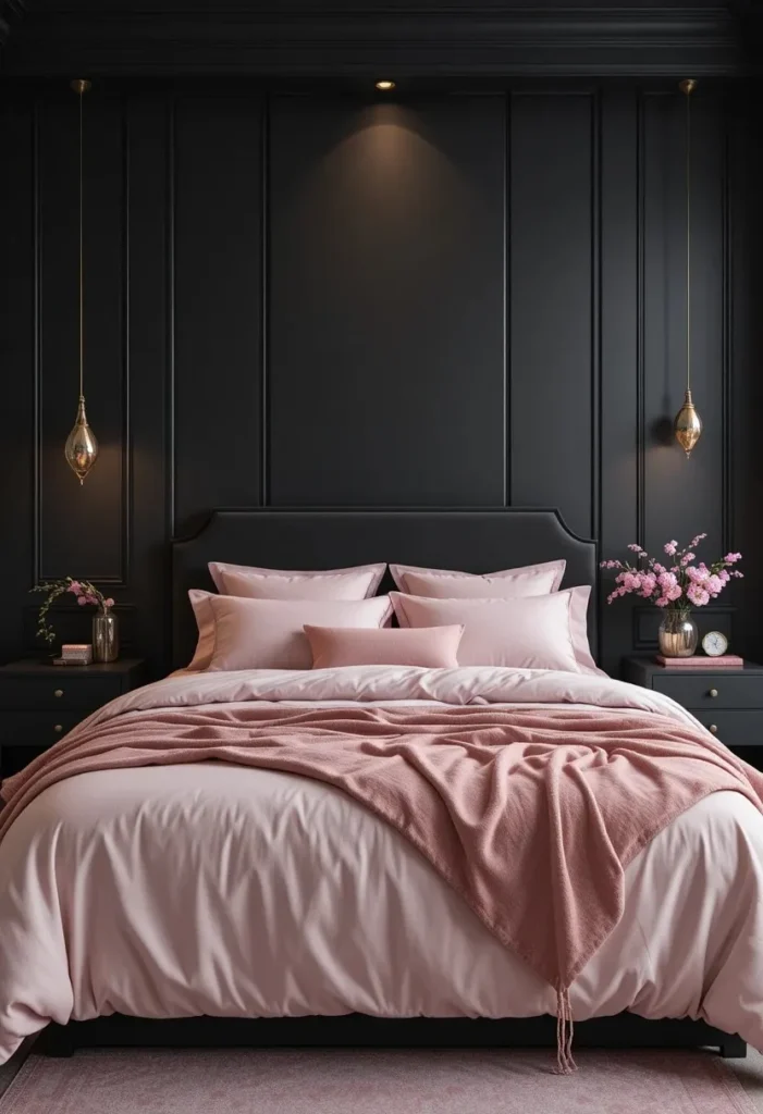Pink and black bedroom with a matte black accent wall and blush pink bedding.