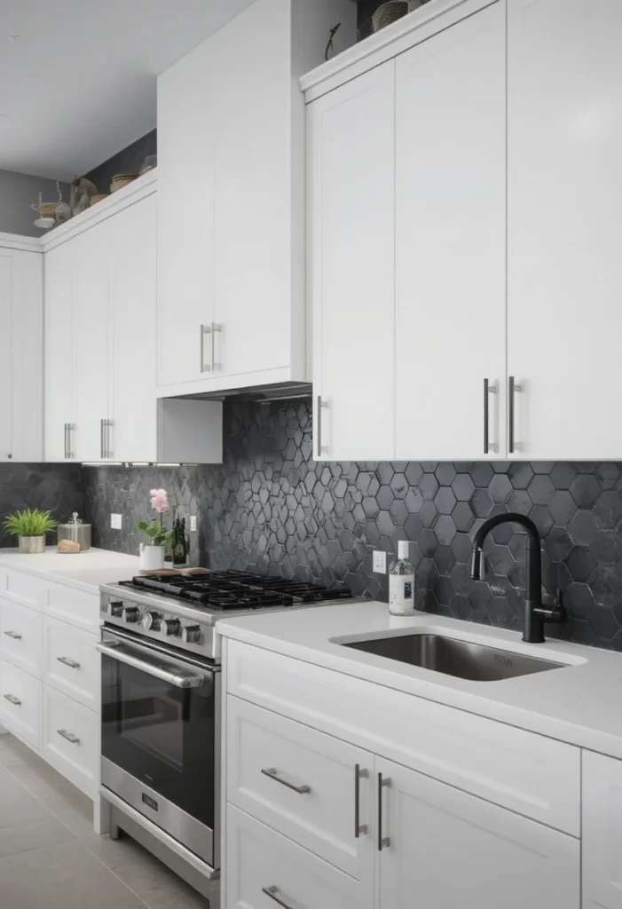 Black hexagon tile backsplash paired with white cabinetry.