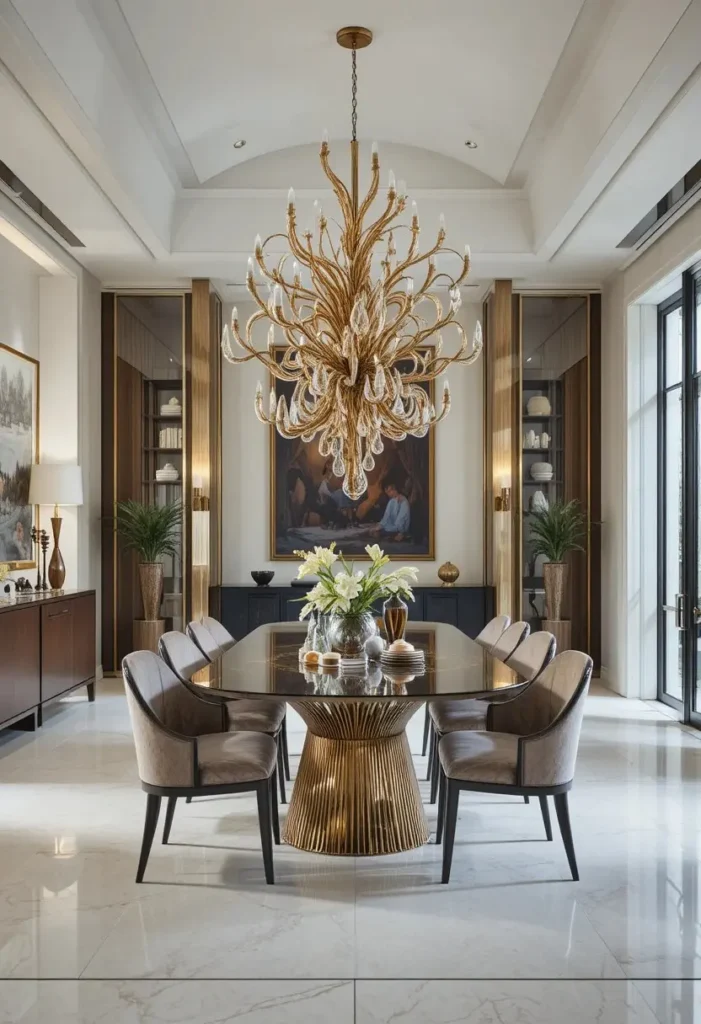 Sculptural chandelier serving as an artistic centerpiece in a contemporary dining room.