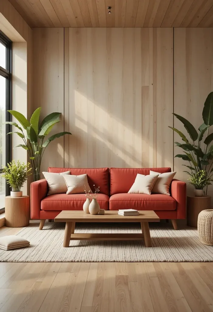 Red couch paired with warm wooden furniture in a cozy living room.