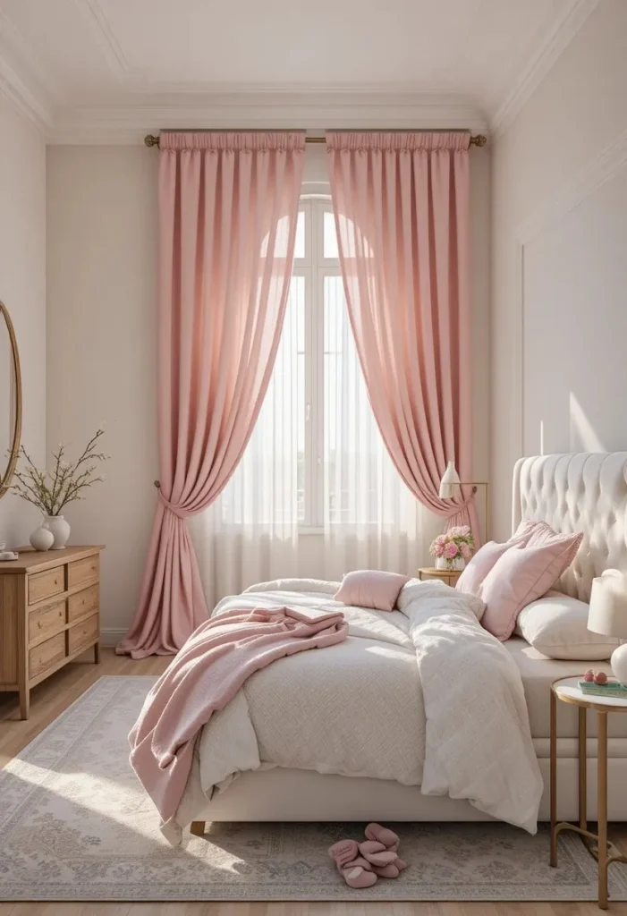 Blush ombre curtains adding artistic elegance to a cozy bedroom.