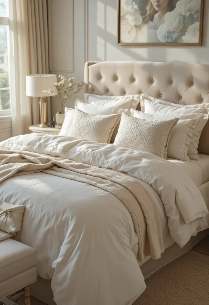 Layered white and cream bedding creating depth and softness.
