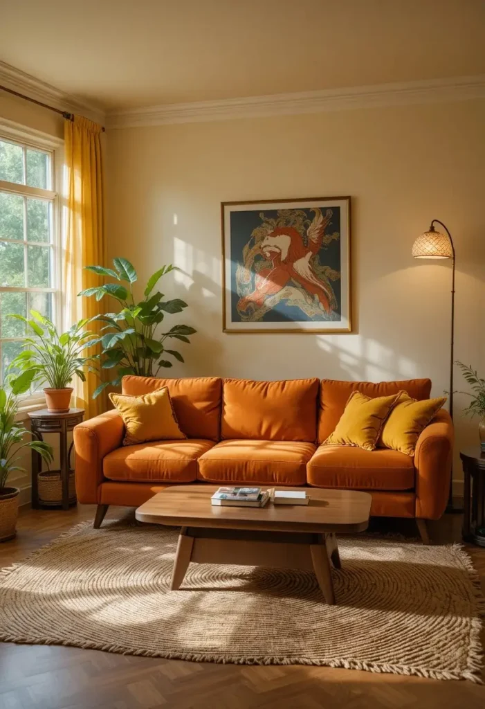 1970s living room with a burnt orange sofa and mustard yellow accents.