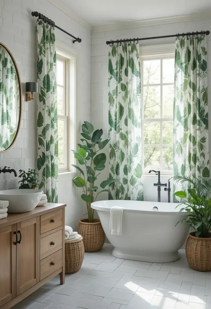 Green botanical bathroom curtains creating a fresh garden-inspired space.