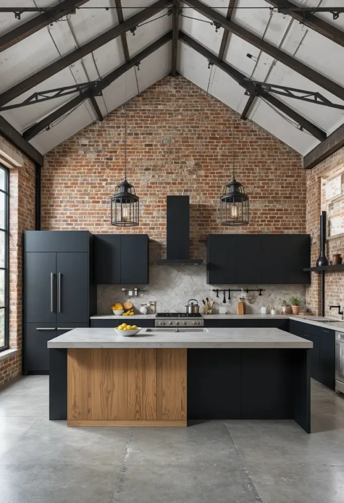 Industrial metal lighting complementing a vaulted ceiling kitchen.
