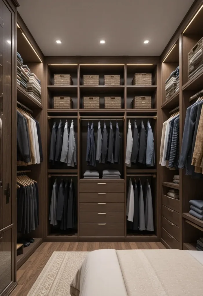 Organized walk-in closet with separate storage zones for each partner.