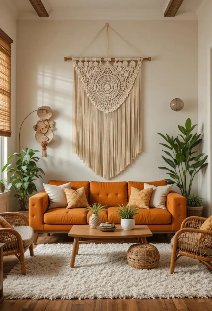 Large macramé wall hanging decorating a cozy 70s boho living room.