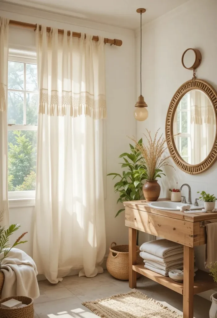 Cream tie-top bathroom curtains creating a relaxed boho-inspired bathroom.
