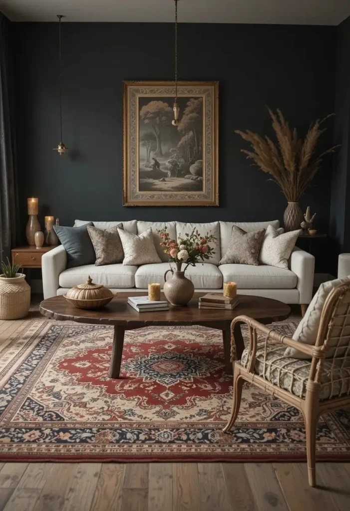 Vintage Persian rug adding rich color and texture to a dark boho living room.