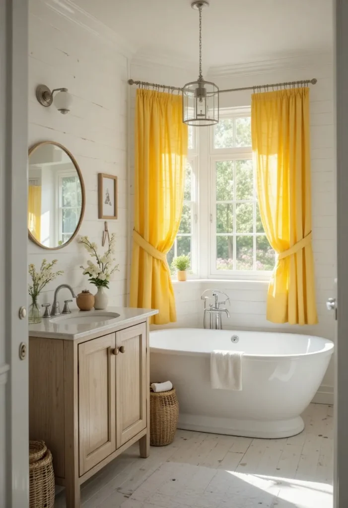 Bright yellow bathroom curtains adding cheerful color to a white bathroom.