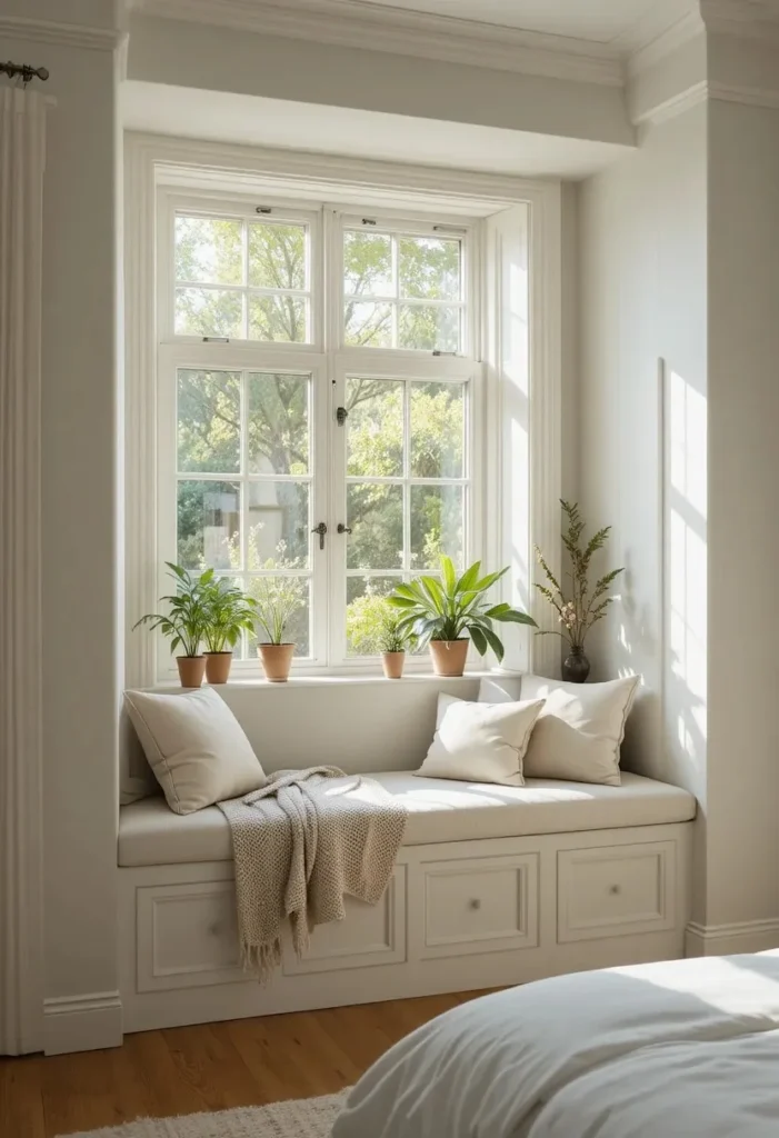 Comfortable window seat creating a relaxing bedroom corner.