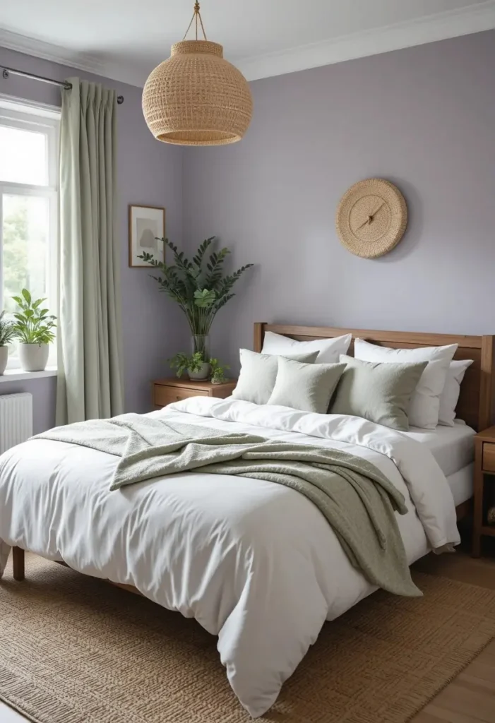 Lavender and sage green bedroom with calming natural colors.