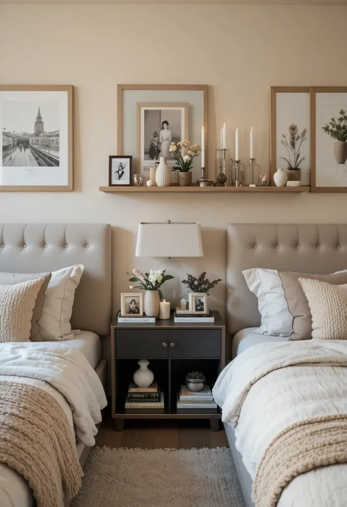 Matching nightstands personalized with books, photos, and decorative accessories.