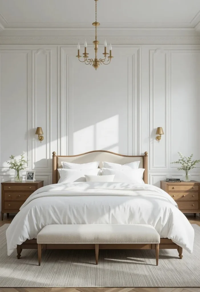White wall molding adding architectural elegance to the bedroom.