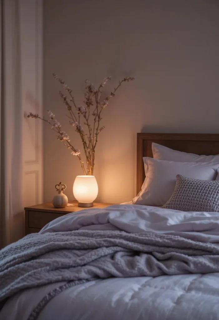 Frosted lavender bedside lamps creating a warm and cozy bedroom atmosphere.