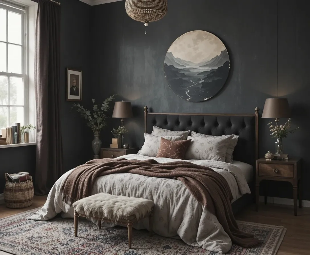 Beautiful dark boho bedroom look