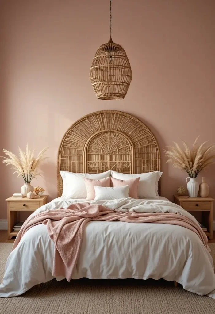 Arched rattan headboard creating a relaxed pink boho bedroom.