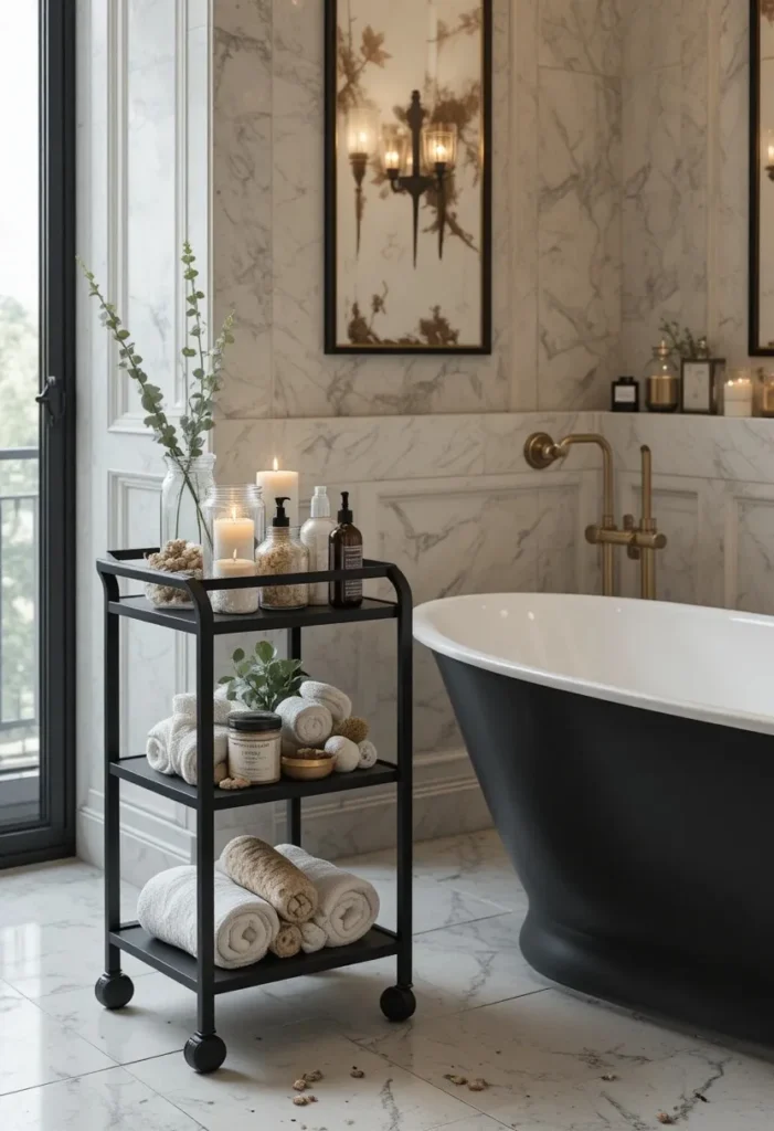 Bar cart styled as elegant bathroom storage beside a bathtub.
