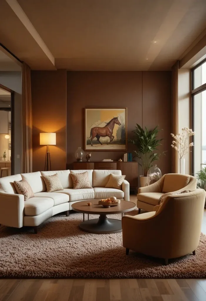 Curved furniture bringing playful retro style to a 70s living room.