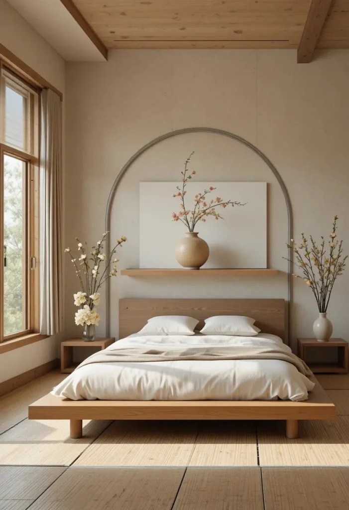 Minimal ikebana flower arrangement decorating a serene Japanese bedroom.