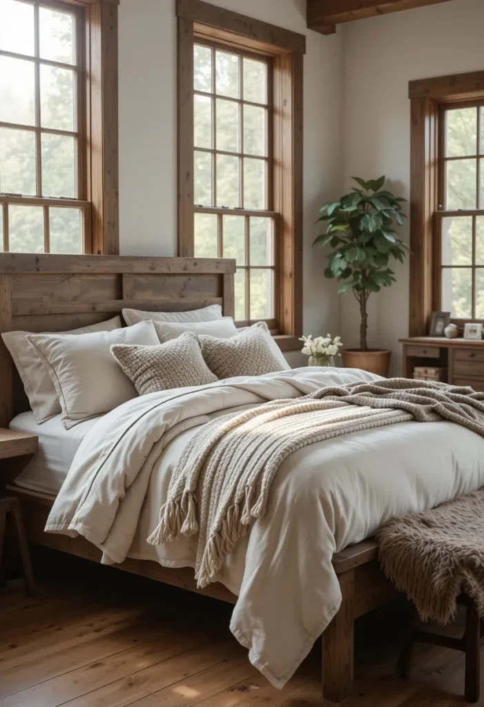 Layered neutral bedding adding warmth and texture to a rustic bedroom.