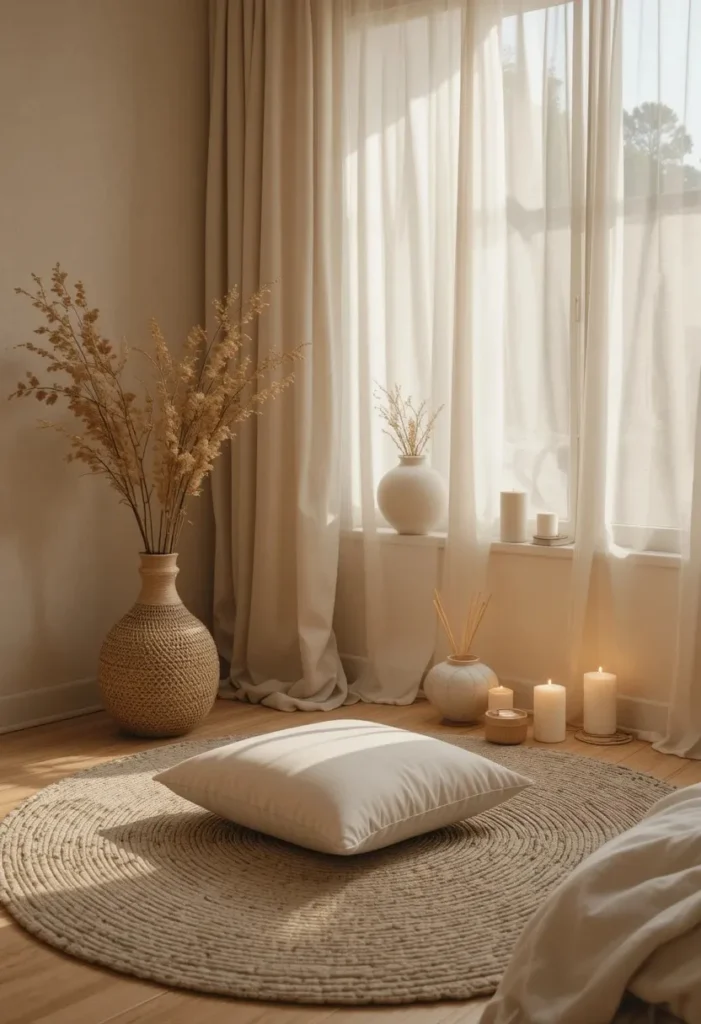 Peaceful meditation corner with floor cushions and calming decor.