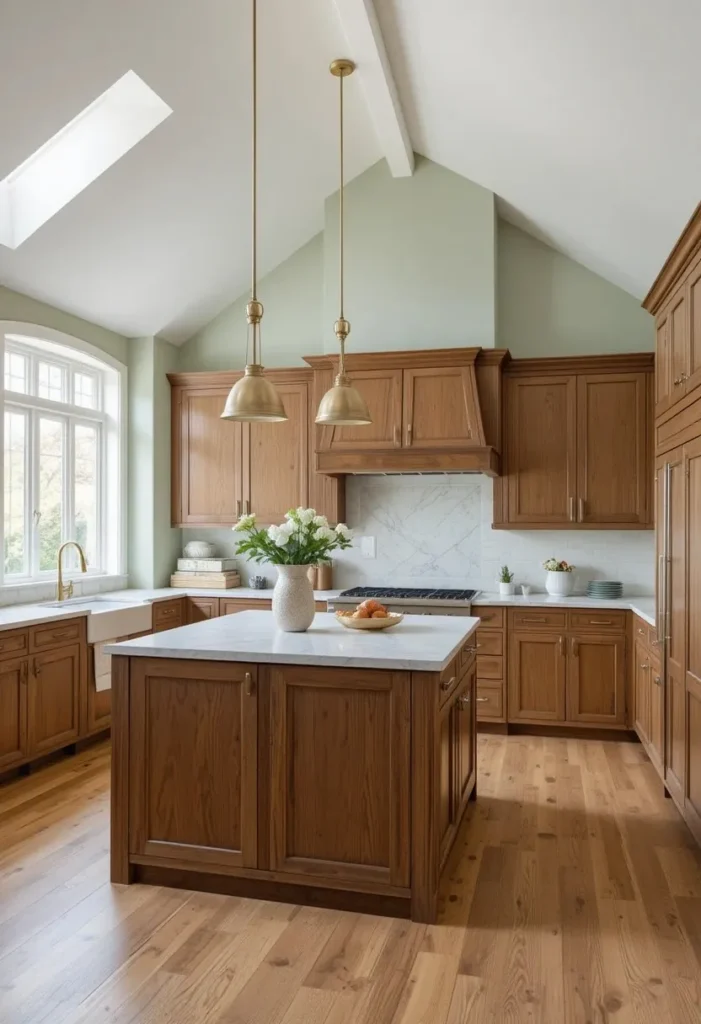 Two-tone sage green and white walls emphasizing a vaulted kitchen ceiling.