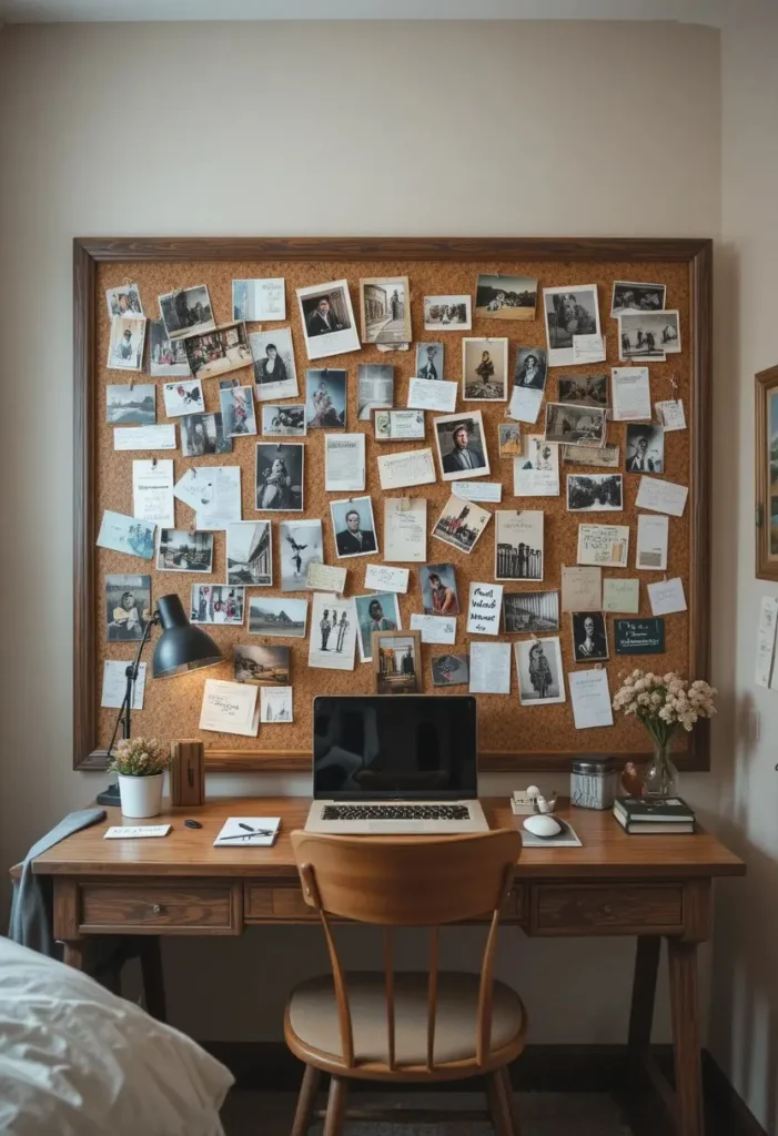 Large corkboard displaying photos and keepsakes in a cozy bedroom.