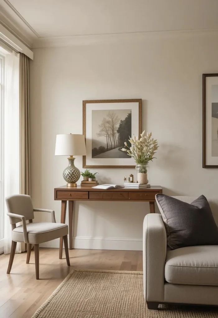 Console table doubling as a stylish desk in a modern living room.