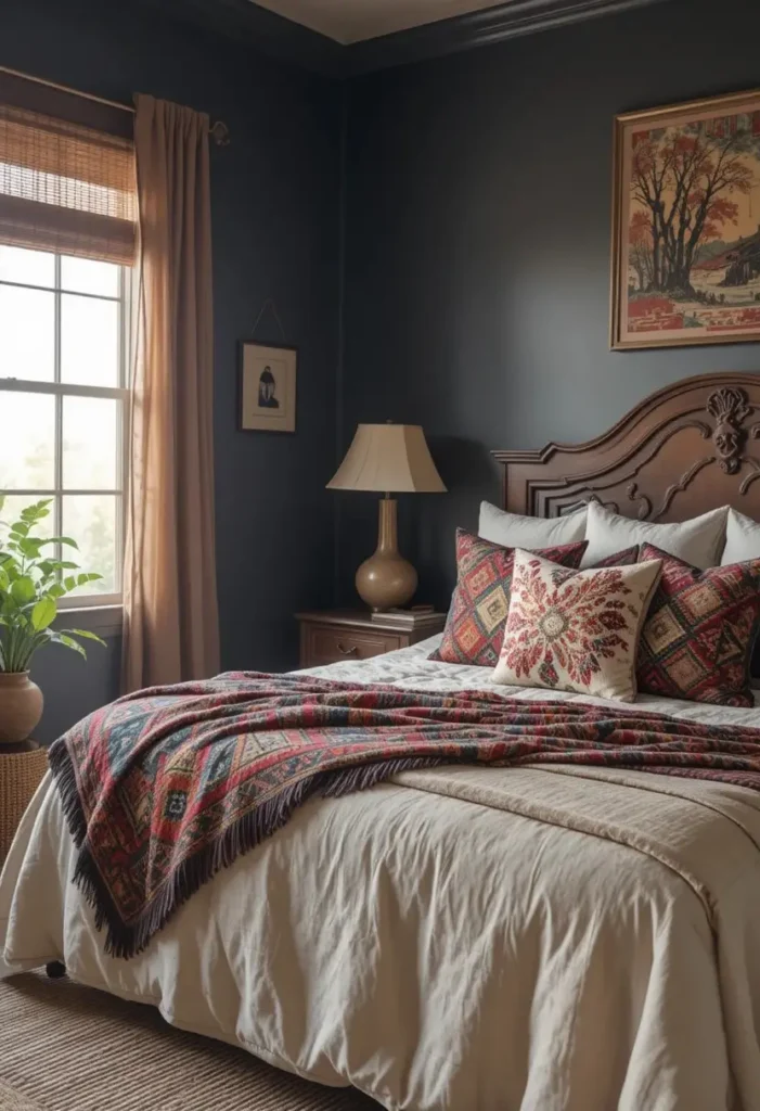 Vintage Kilim pillows adding colorful bohemian character to a dark bedroom.