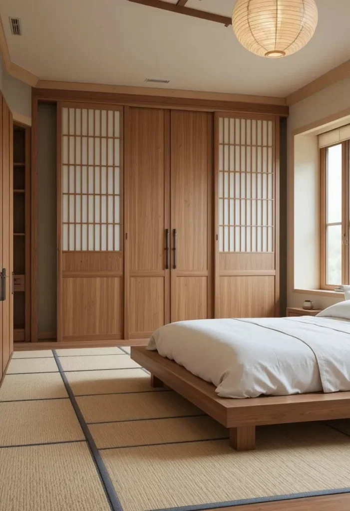 Sliding wooden closet doors enhancing a Japanese minimalist bedroom.