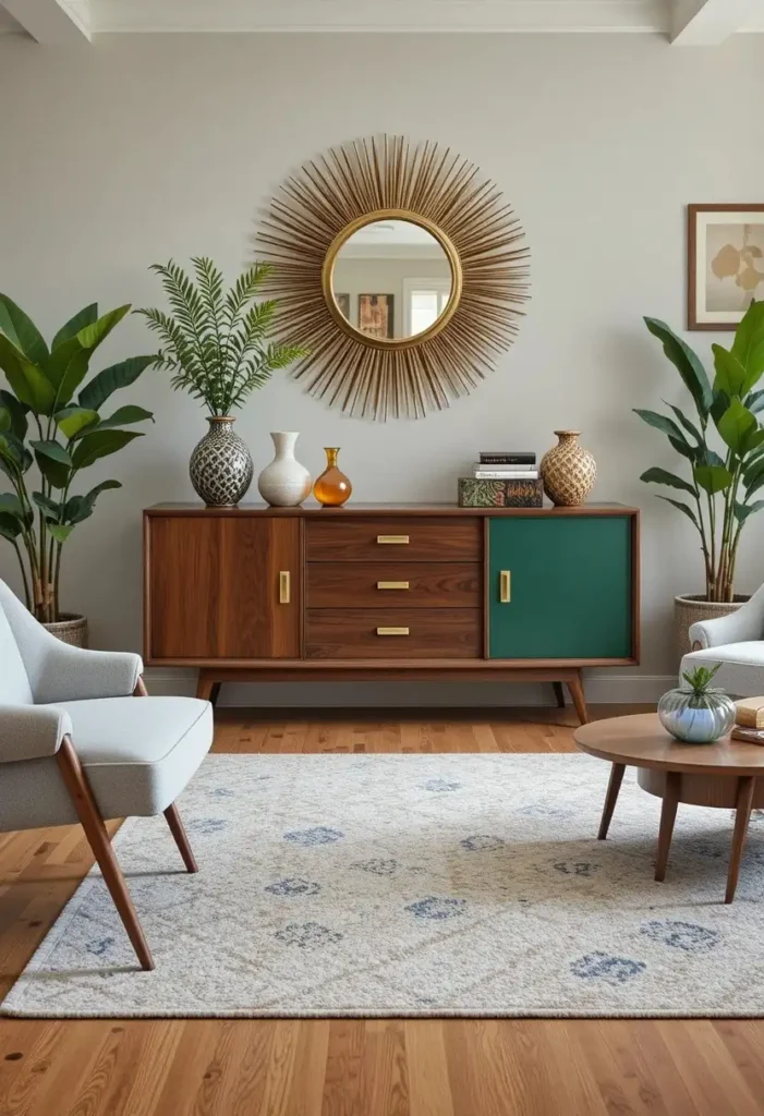 Two-tone walnut credenza adding stylish storage to a retro living room.