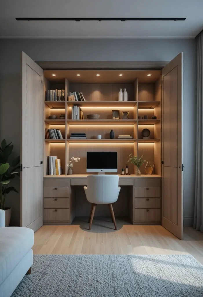 Hidden desk inside a closet nook creating a concealed home office.