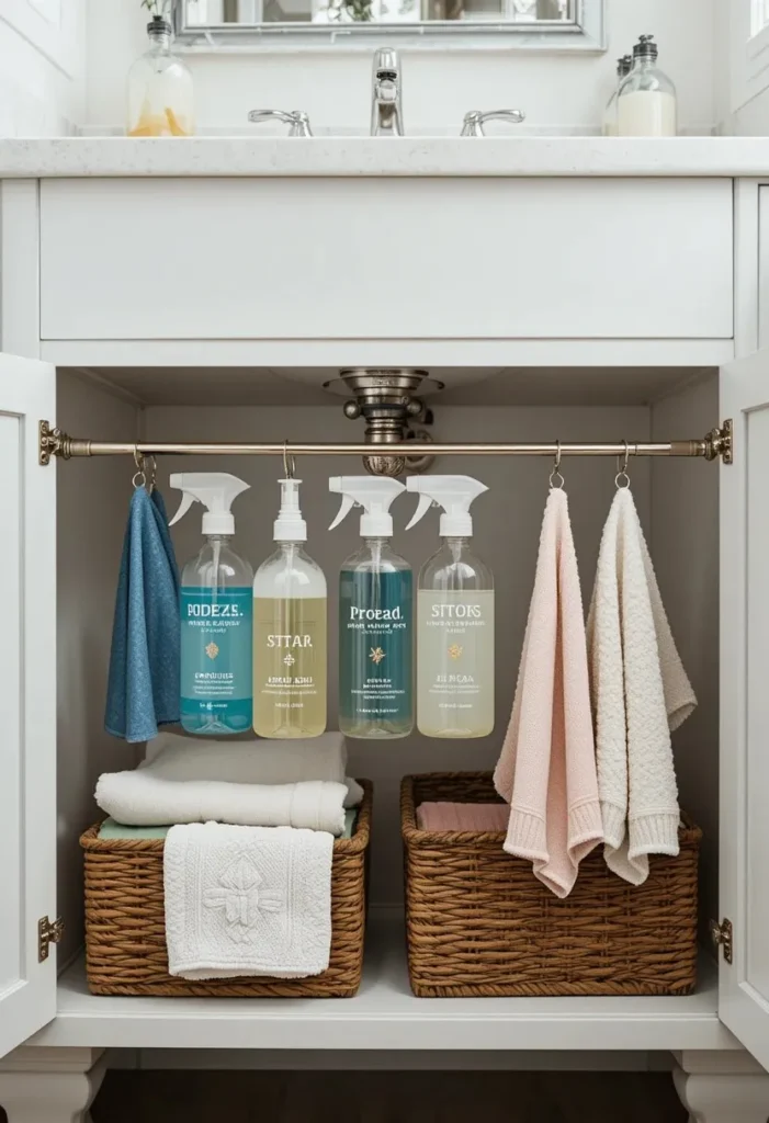 Tension rod under the sink organizing spray bottles and cleaning supplies.