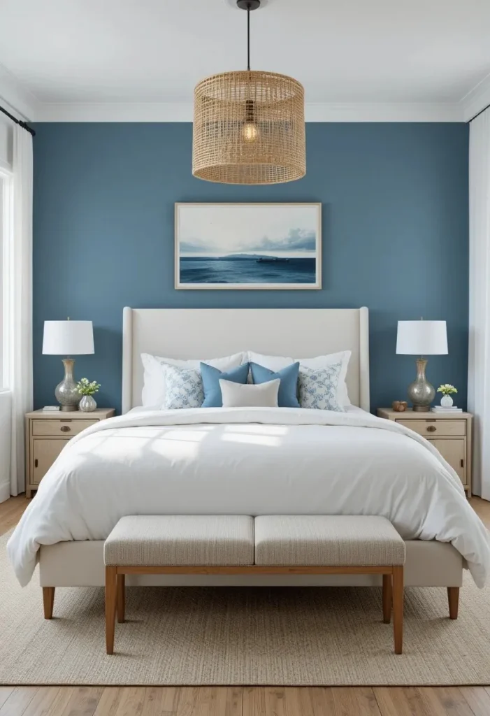Ocean blue accent wall creating a calming focal point in a coastal bedroom.
